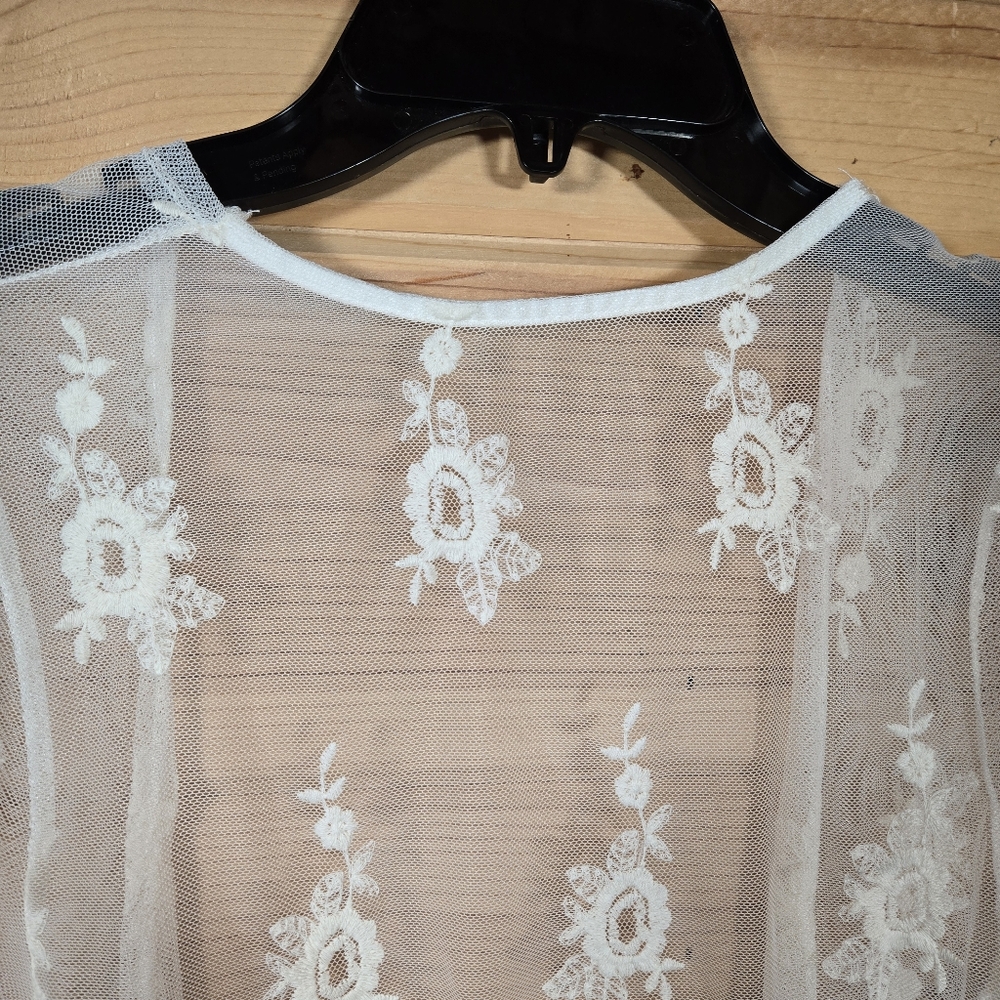 Sheer Lace Top Floral Cream Ivory Embroidered Coquette Cottage Fairy Boho M/L - Picture 3 of 6